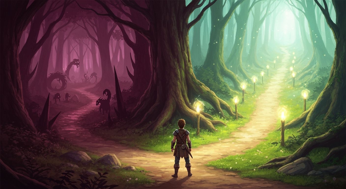 Adventurer at Crossroads in Enchanted Forest