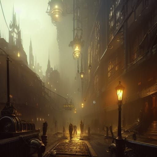 Steampunk Night City: Dark Fantasy Concept Art