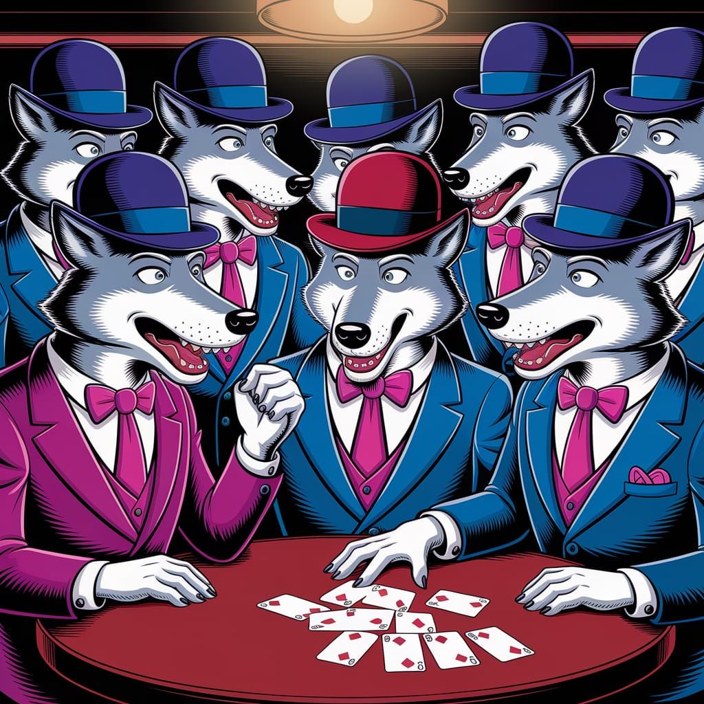 Anthropomorphic Wolves Debate in Retro-Futuristic Speakeasy