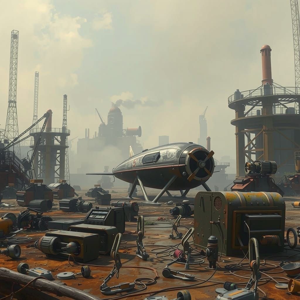 Dieselpunk Cityscape with Abandoned Propeller Plane