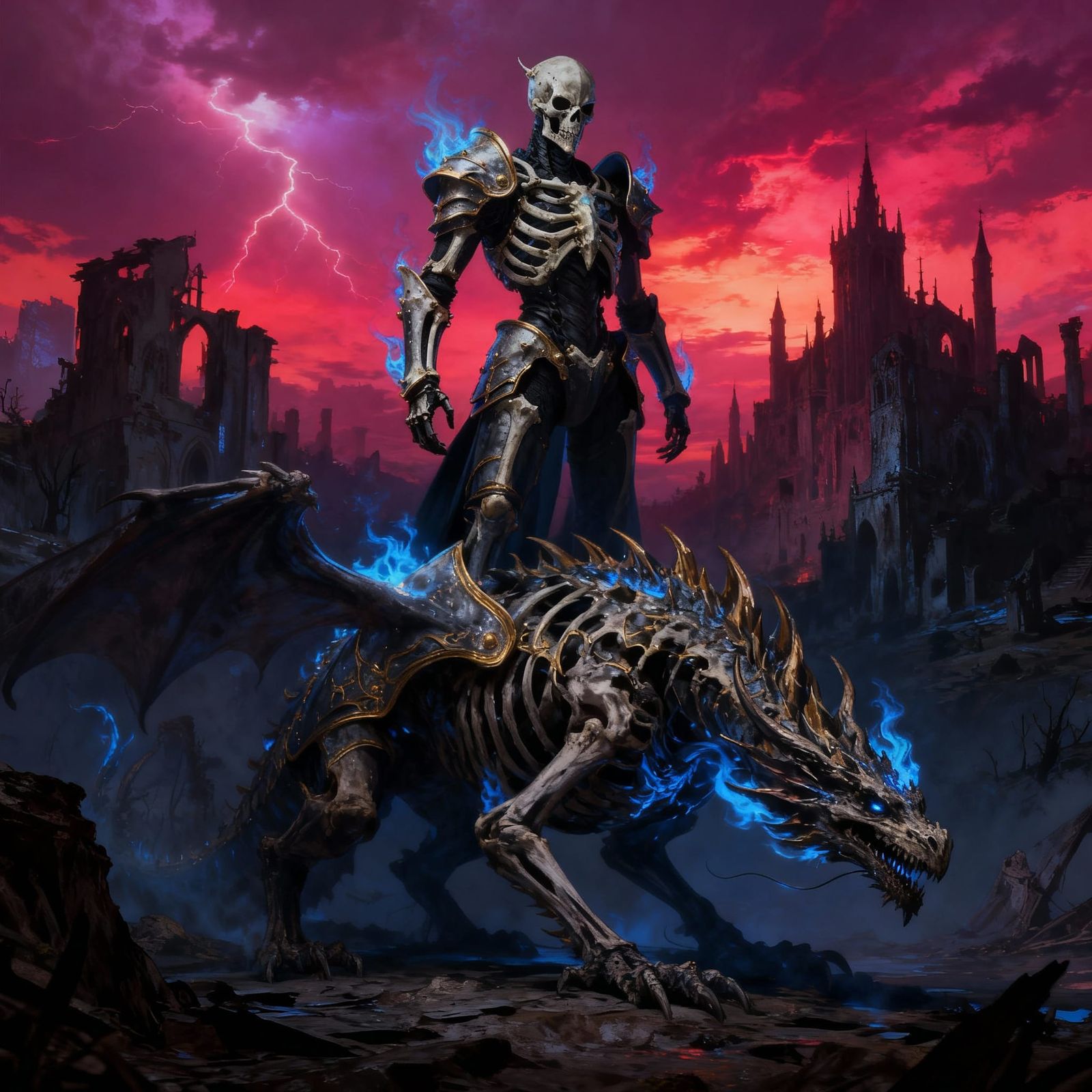 Dark Fantasy Warrior on Dragon in Ruined Kingdom