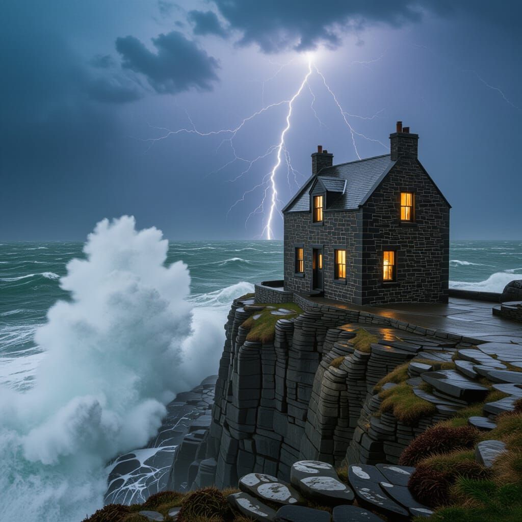 Dramatic Coastal House in Fierce Storm Photography