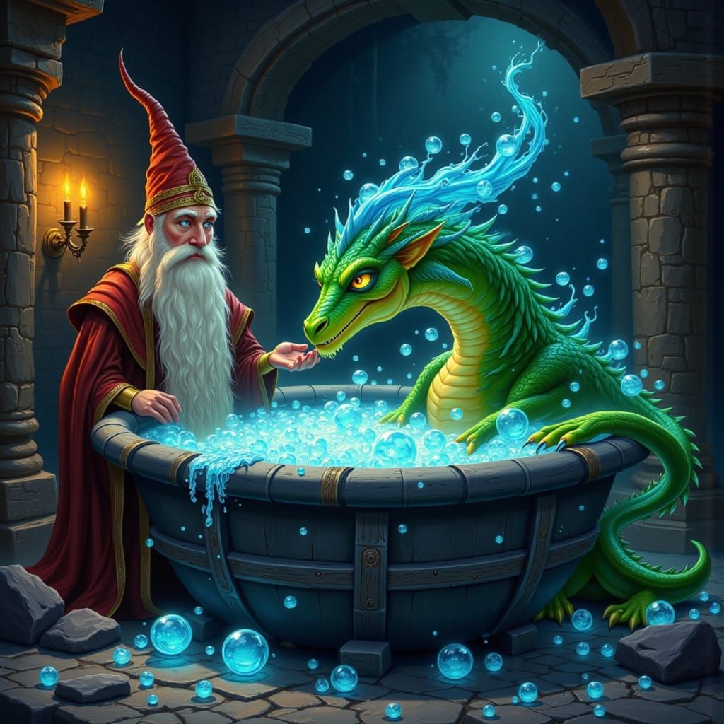 Wizard Gives Dragon a Magical Bubble Bath in Ancient Chamber