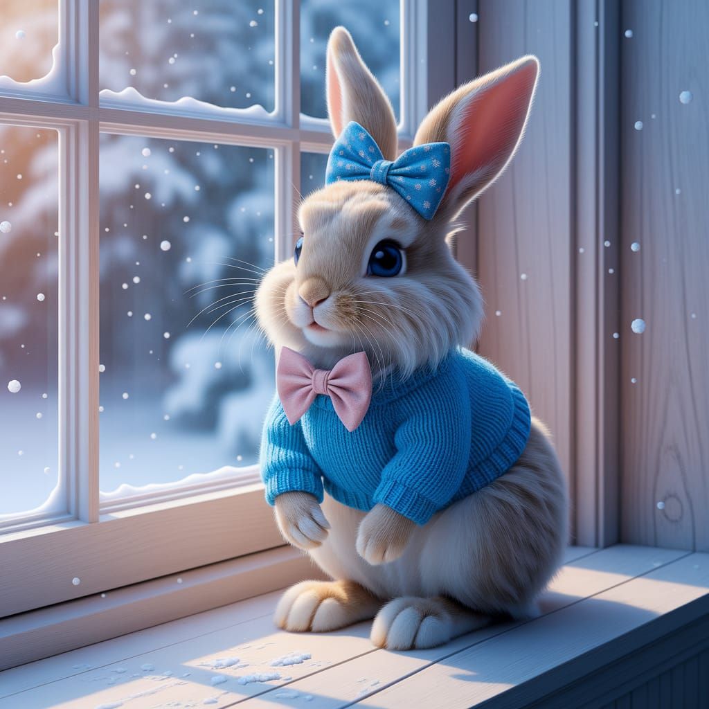 Whimsical Winter Wonderland with Fluffy Bunny