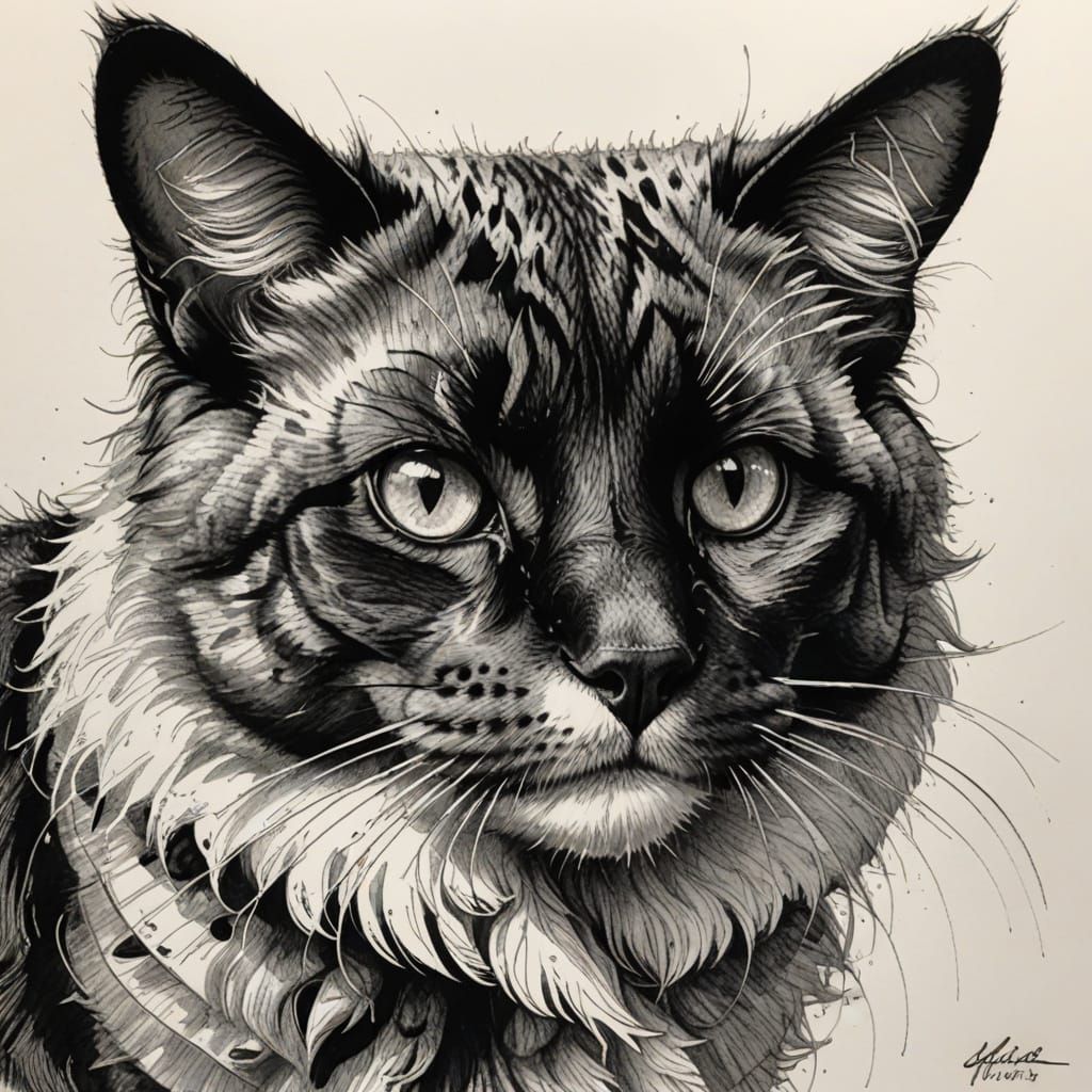 Ink Portrait of a Lovable Feline Companion