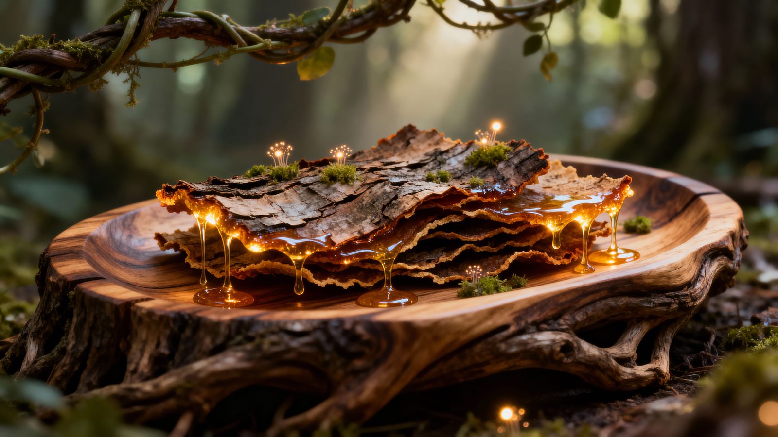Magical Bark Crisps with Glowing Sap Drizzle