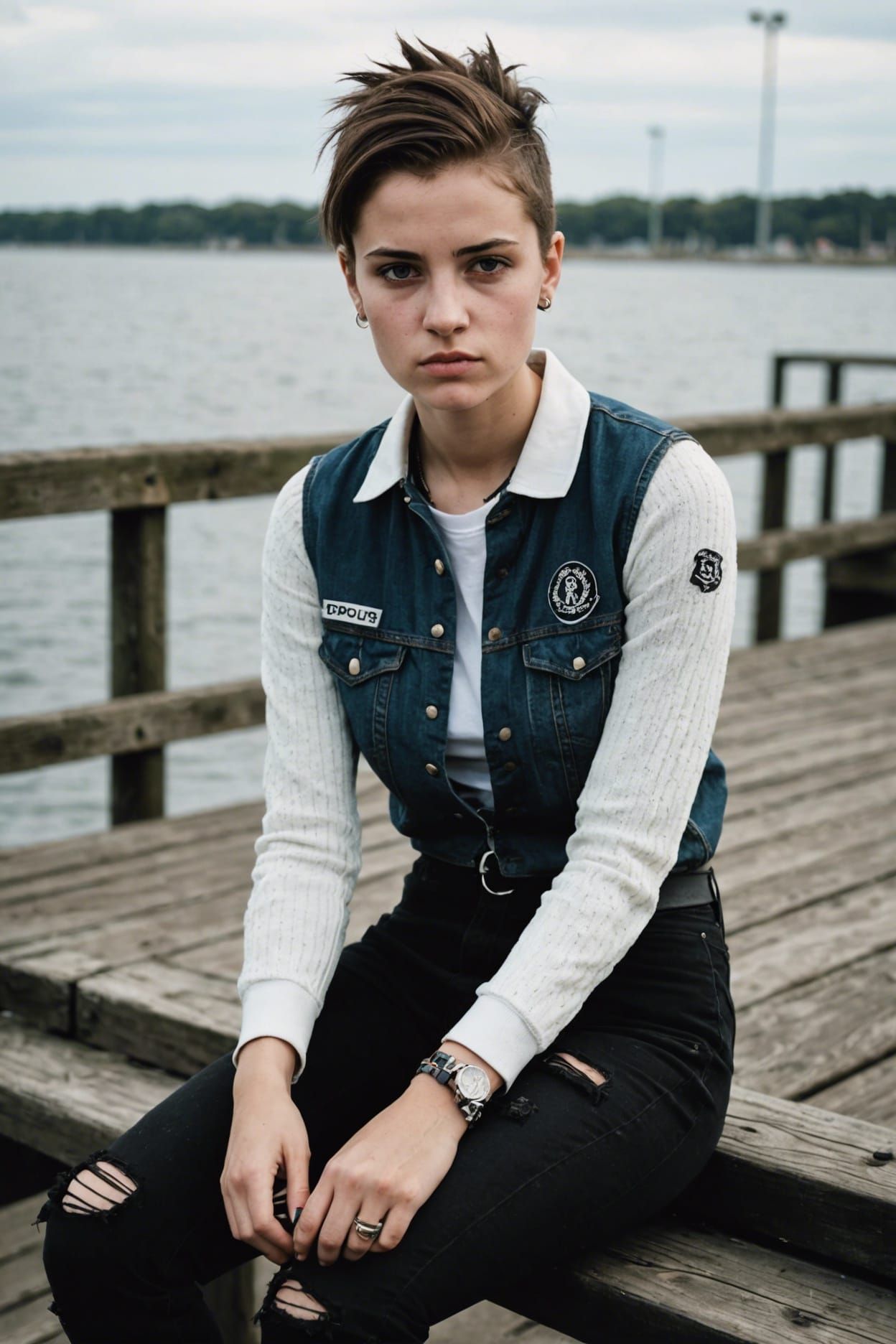 Punk Girl Portrait on Beach Pier, Fine Art Style