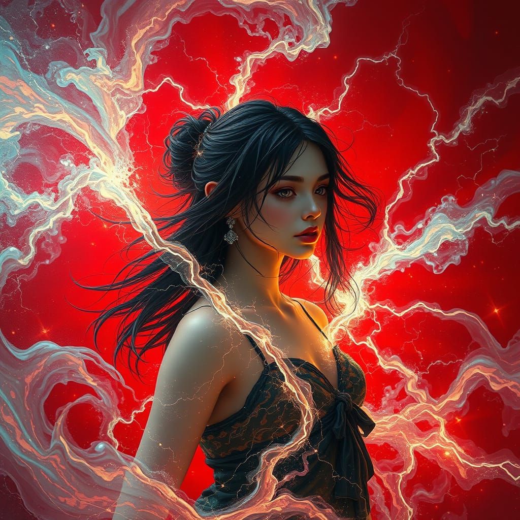 Girl Surrounded by Swirling Electric Liquid in a Cinematic O...