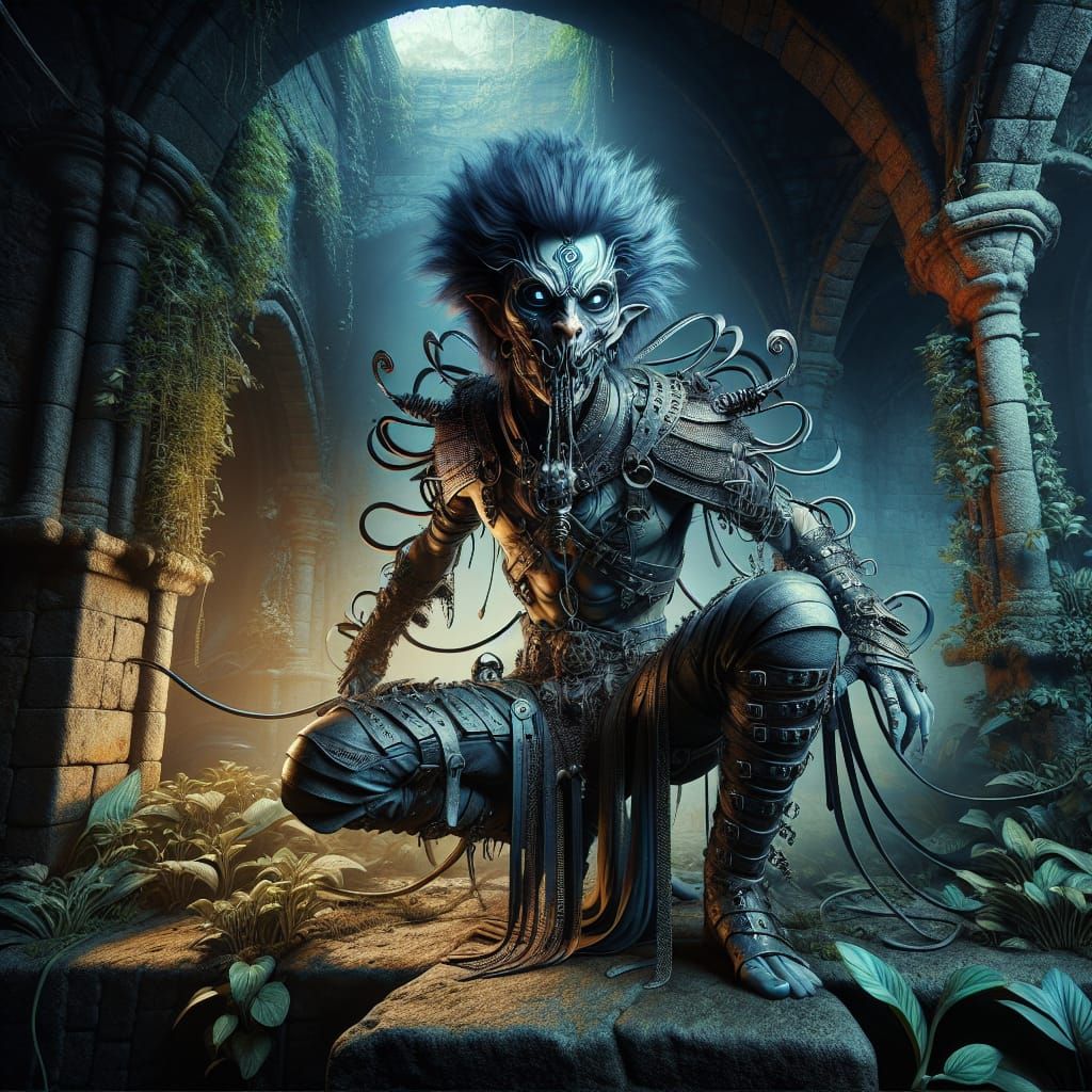 Cyberpunk Gothic Humanoid in Dark Castle Ruins