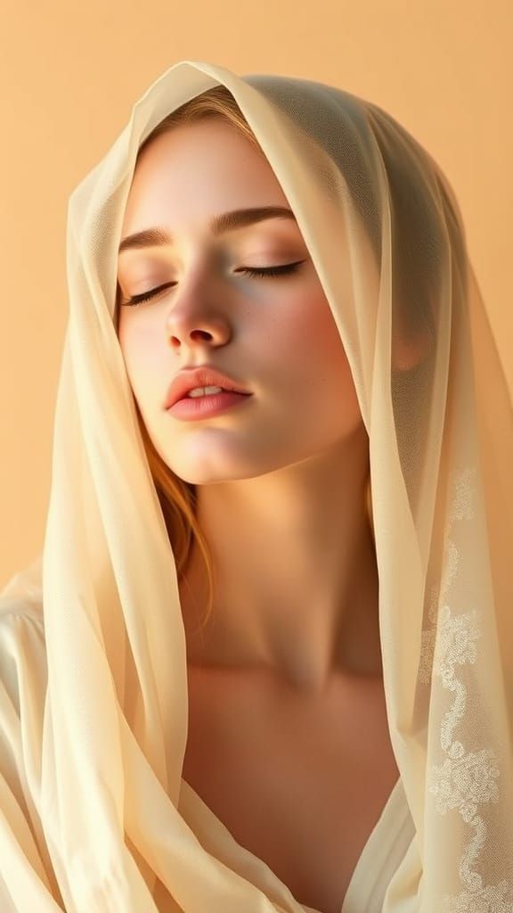 Ethereal Goddess in Soft, Peach-Hued Dreamscape