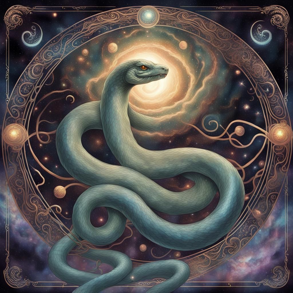 Serpentine Wisdom: A Cosmic Tarot Card Illustration
