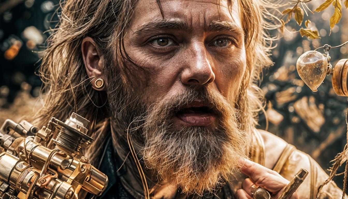 Photorealistic Gold Bearded Man Shattering