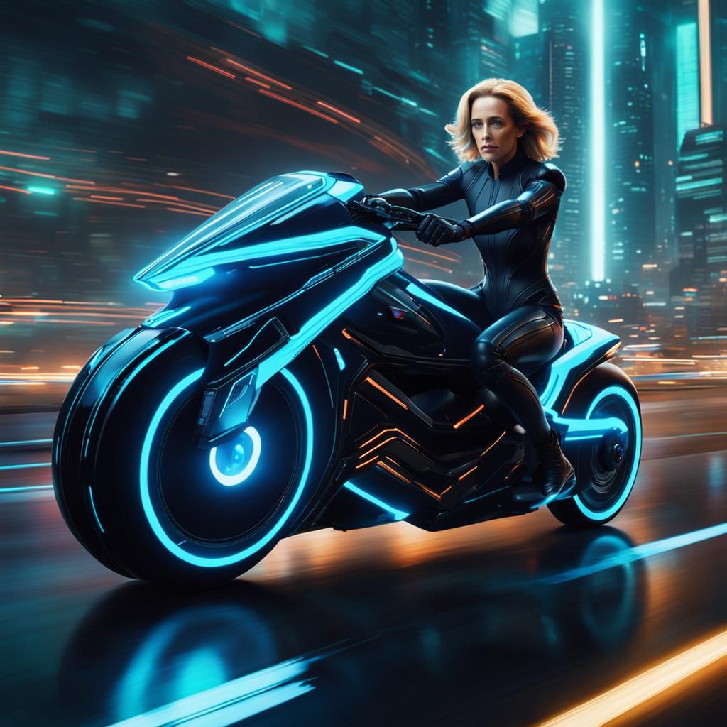 Woman on Light Cycle in Cyberpunk Style