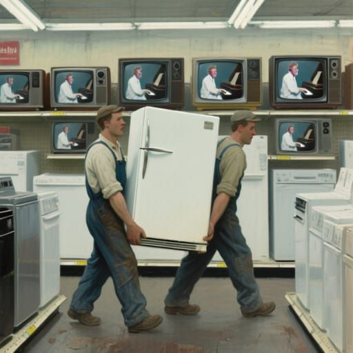 Men Carry Fridge Past 80s TVs in Ashcan Style