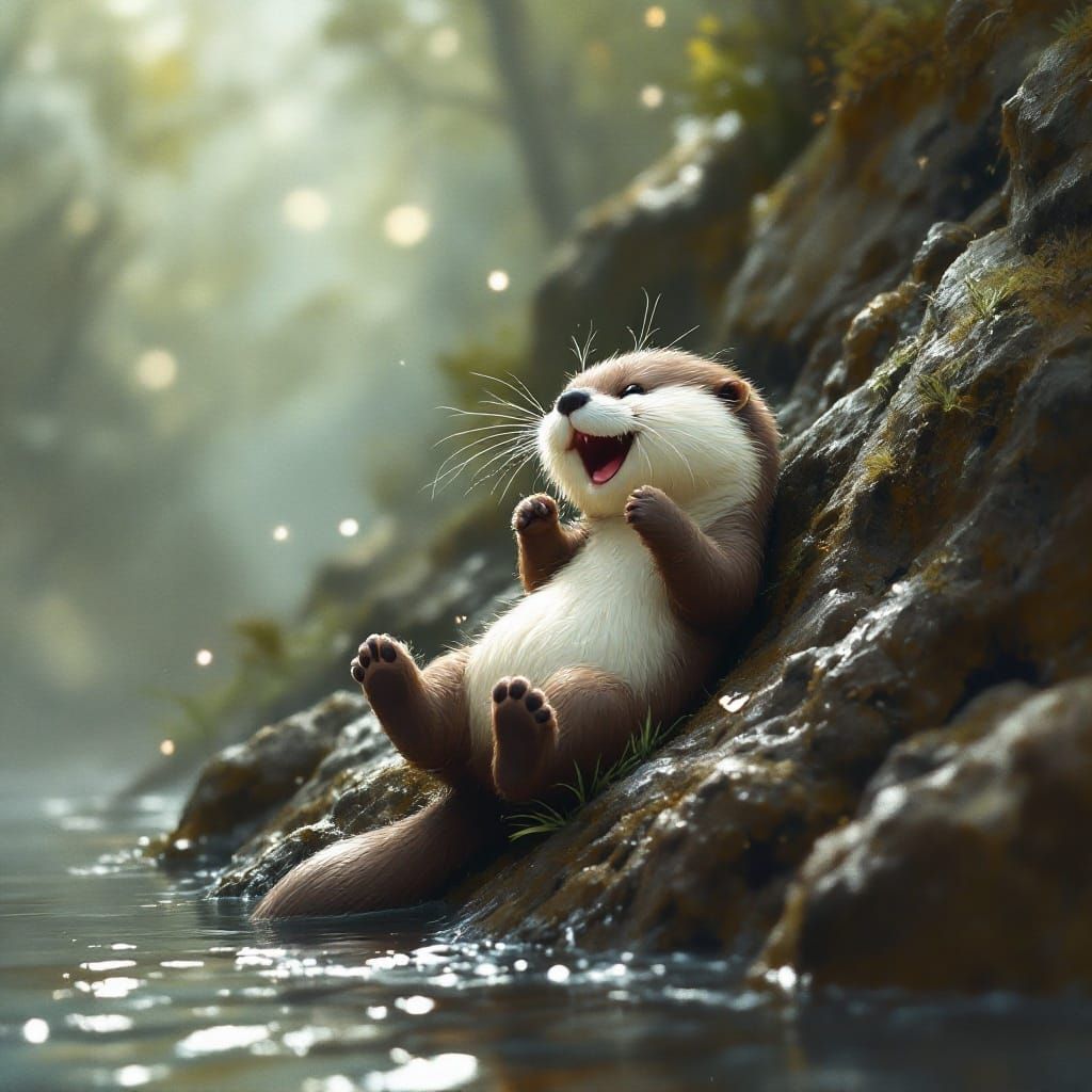 Joyful Otter Descends Riverbank in Whimsical Dark Fantasy Sc...