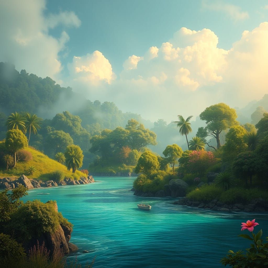 Surreal Summer Oasis with Turquoise Waves and Lush Greenery