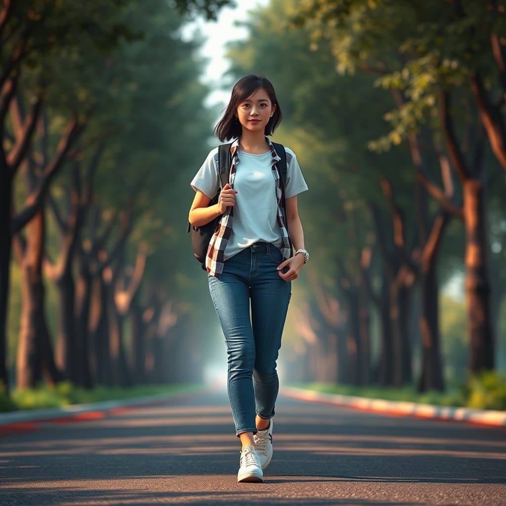 Girl Walking Down Tree-Lined Road: Matte Painting