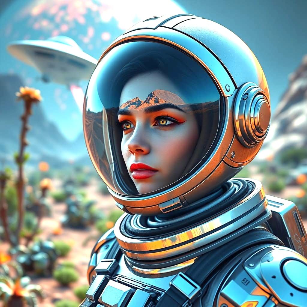 Futuristic Lady in Space Suit Amidst Alien Landscape