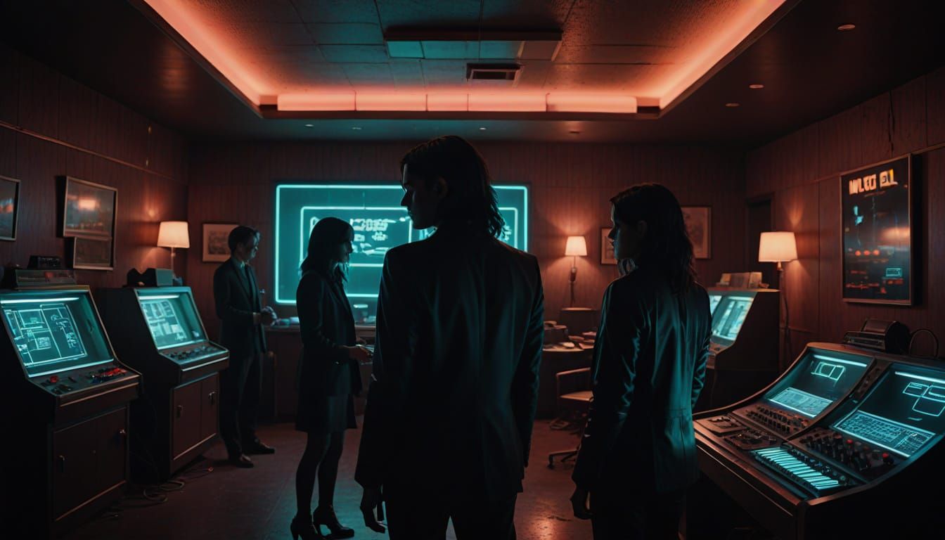 Dimly Lit Motel Interior with Cosmic Intrigue and Agents