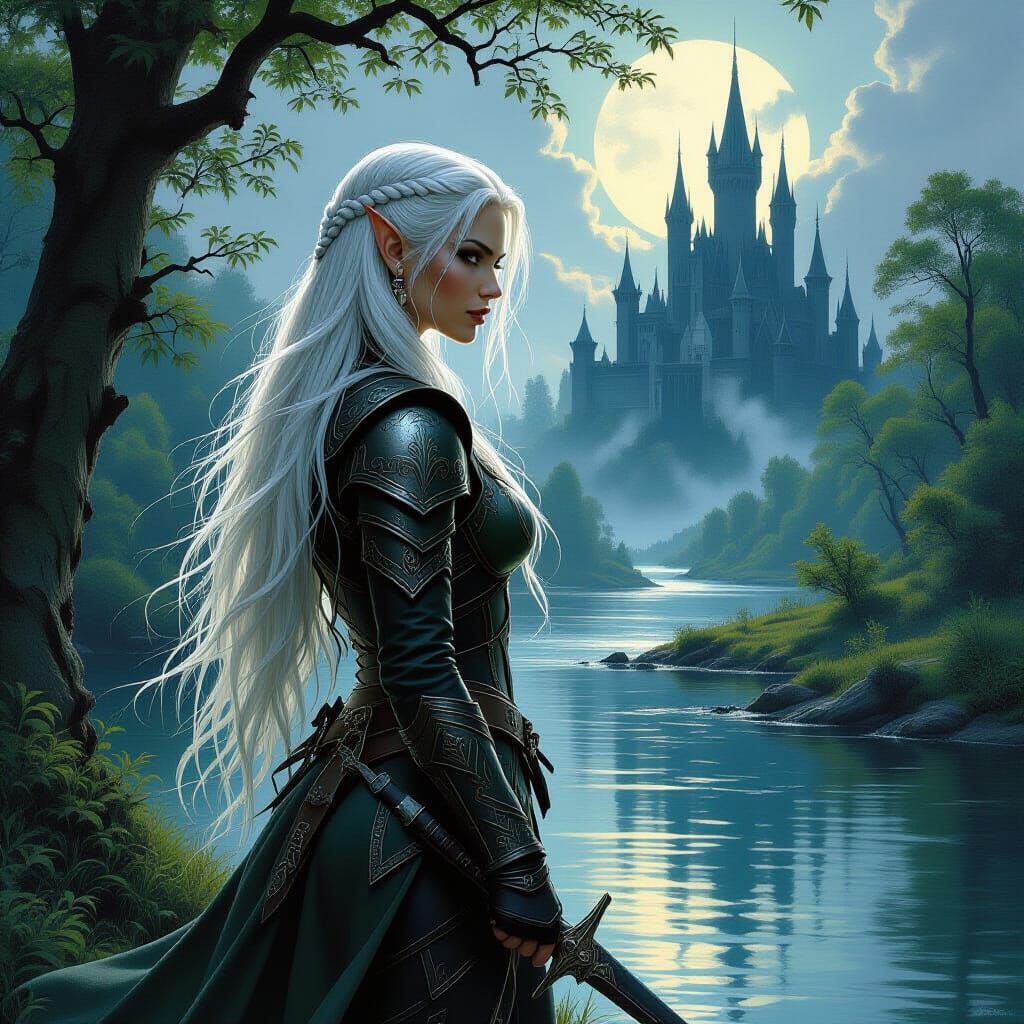 Elven Huntress Near River With Gothic Castle, Fantasy Art