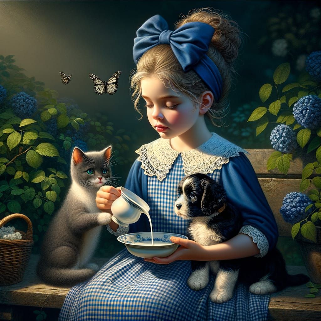 Vintage Realism Portrait of a Young Girl Feeding Kittens