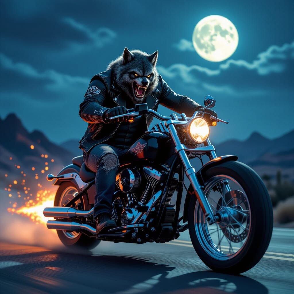 Biker Werewolf Revving Chopper Under Full Moon