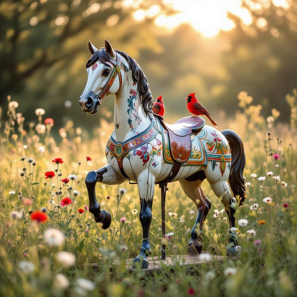 Vintage Carousel Horse in Sun-Dappled Meadow