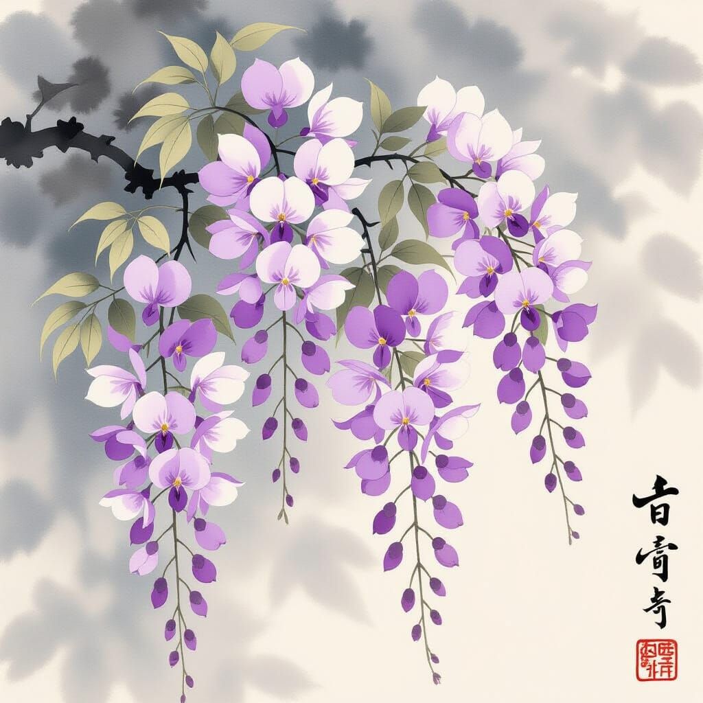 Wisteria Branch in Bloom, Japanese Ink Wash Style