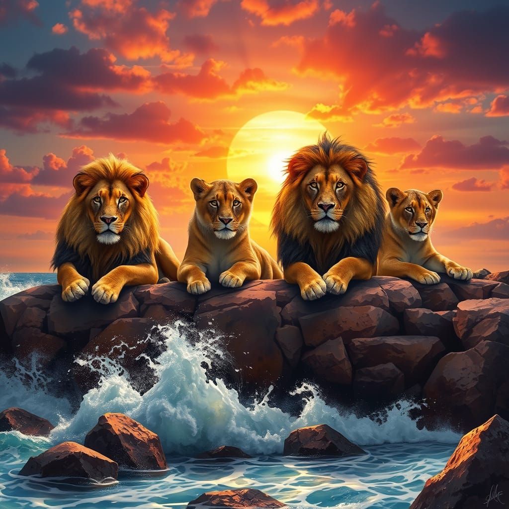 Lions Resting on a Pier at Sunset Splash Art