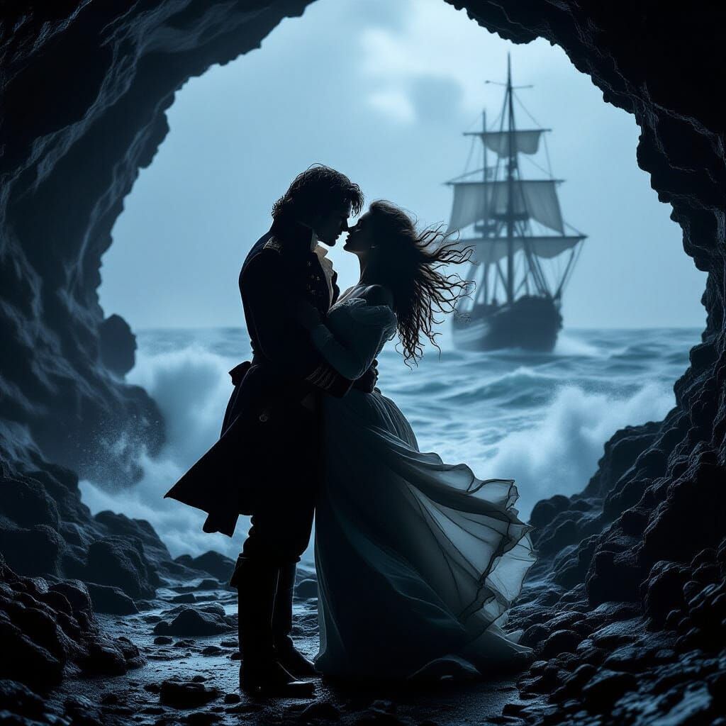 Romantic Embrace in Stormy Sea Cave