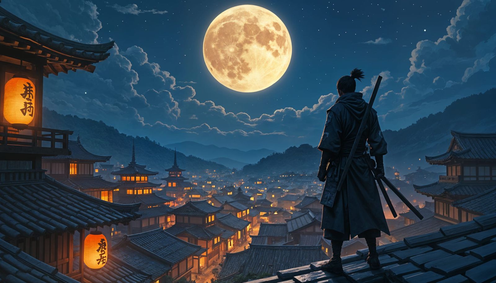 Shinobi Watch Over Village in Lantern Light