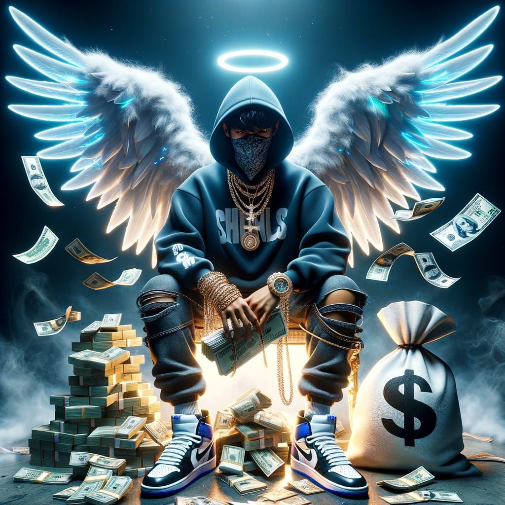 Modern Angel on Money Throne in Urban Style