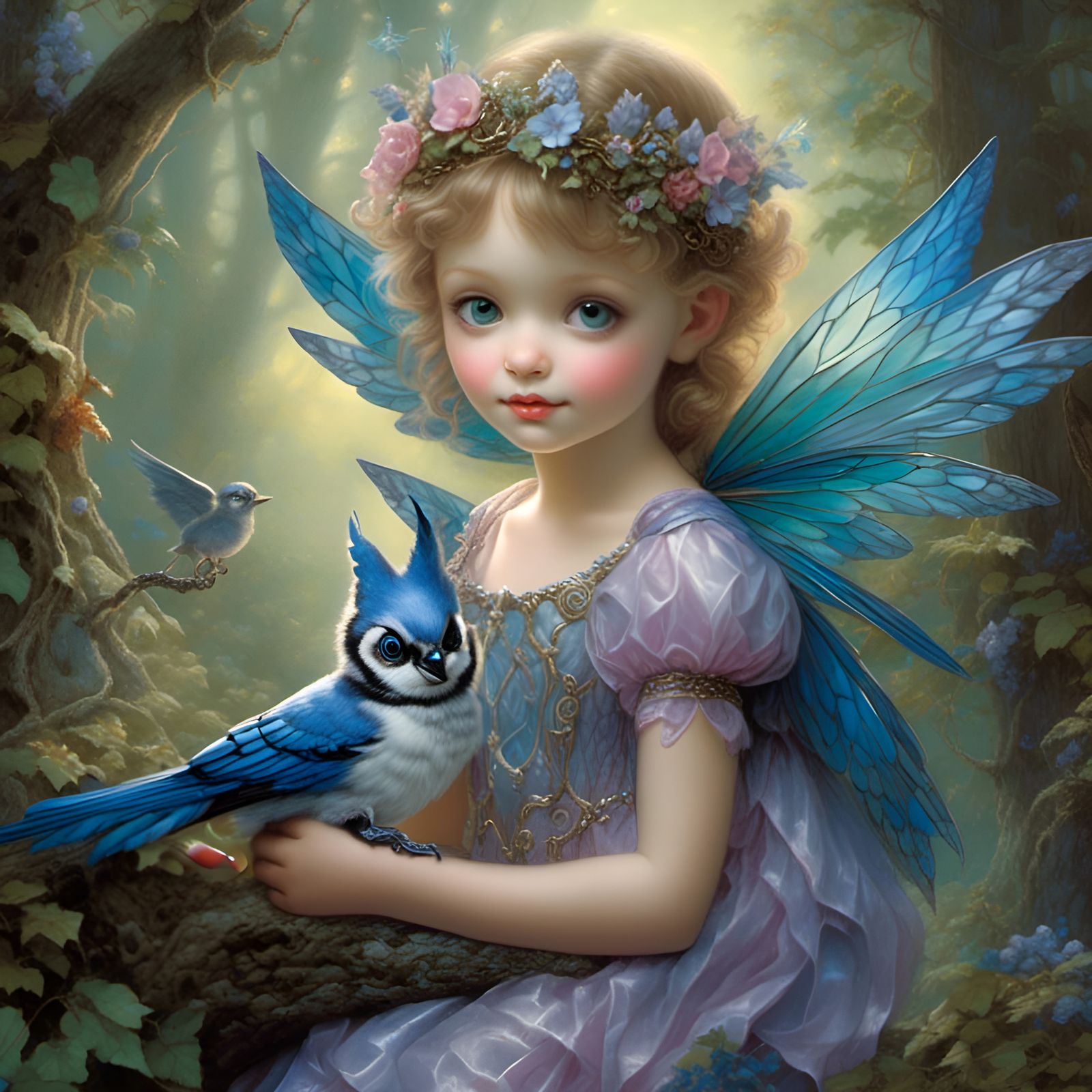 Pixie and Bluejay Embrace in Fairy Forest
