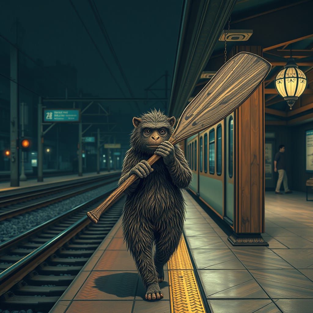 Tung tung tung sahur Brown thing with wood bat, walking by at train station at night hyperdetailed hyper-realistic perfe...