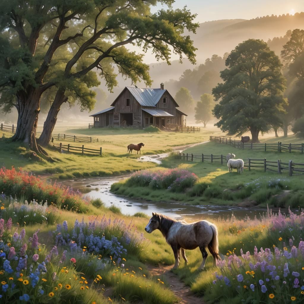Horse Ranch at Dawn: Fantastical Realism in 8k