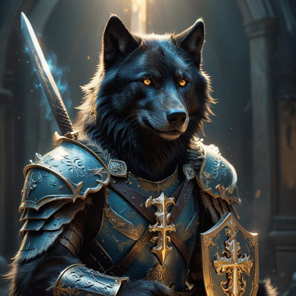 Dark Fantasy Wolf in Regal Armor with Flaming Sword and Shie...