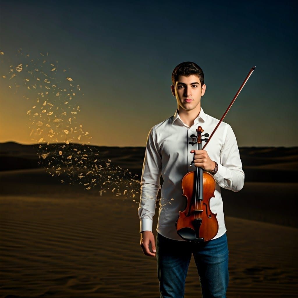 Confident Young Violinist in Desert Twilight