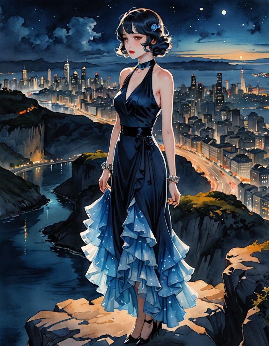 Glowing City View: 1930s Dress in Watercolor