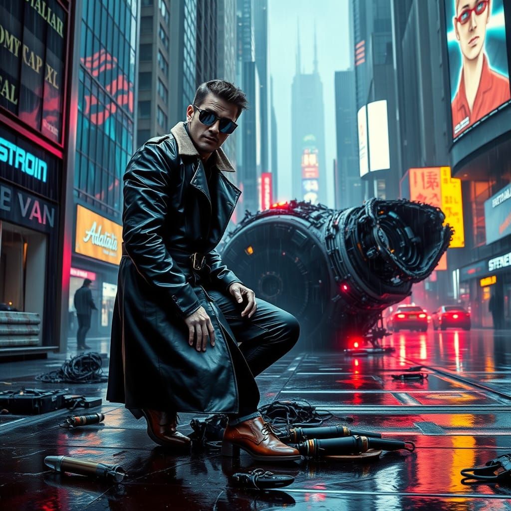 Future Tech Repair in a Gritty Neon City