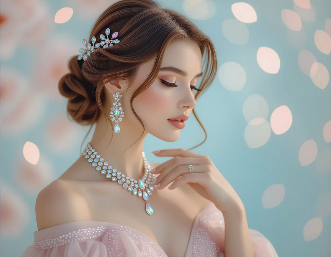Hyper-Realistic Woman with Luminous Jewelry in Gentle Profil...