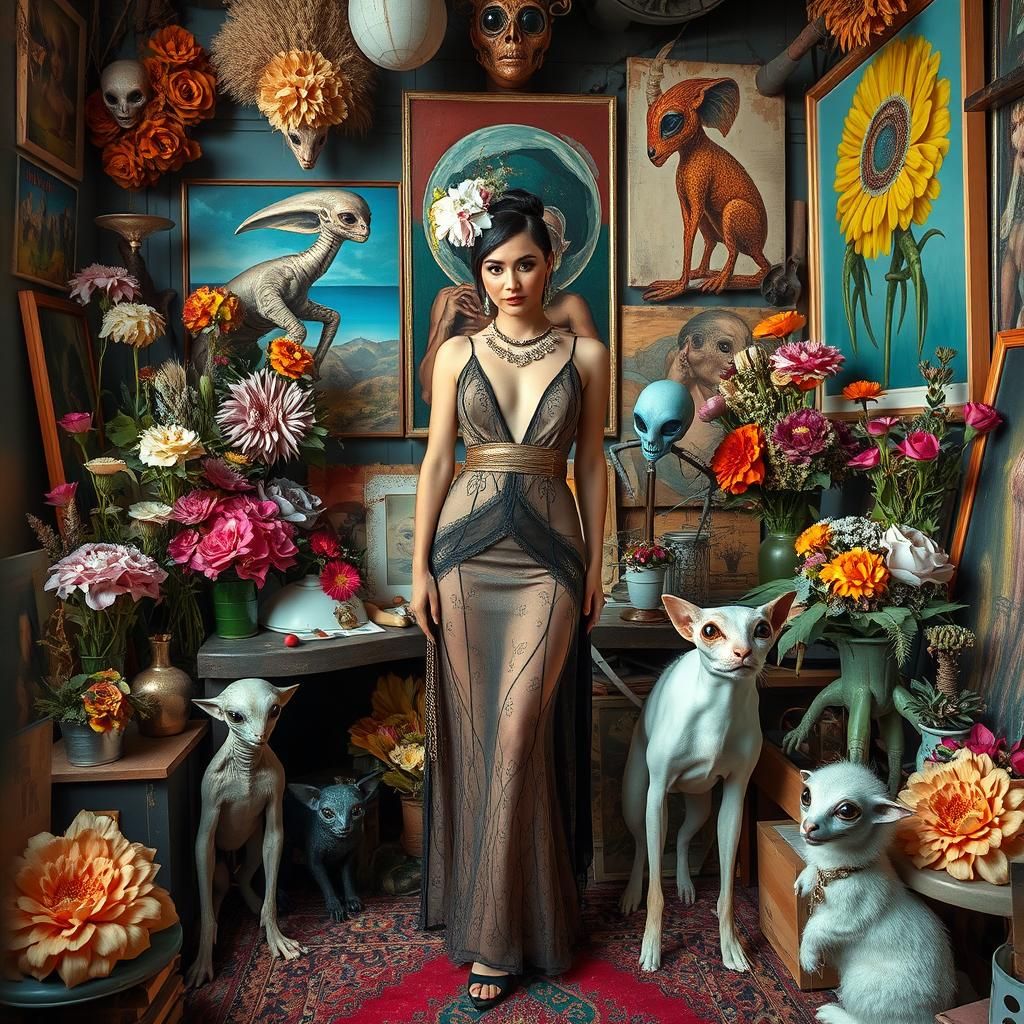 Exotic Hostess Leads Tour of Surreal Art Studio