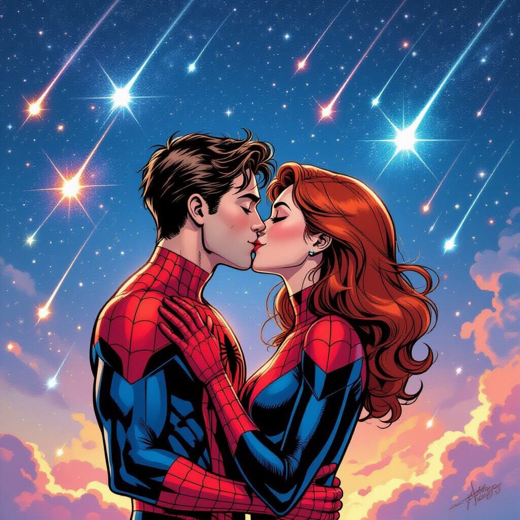 Spider-Man and MJ Kissing Under Meteor Shower