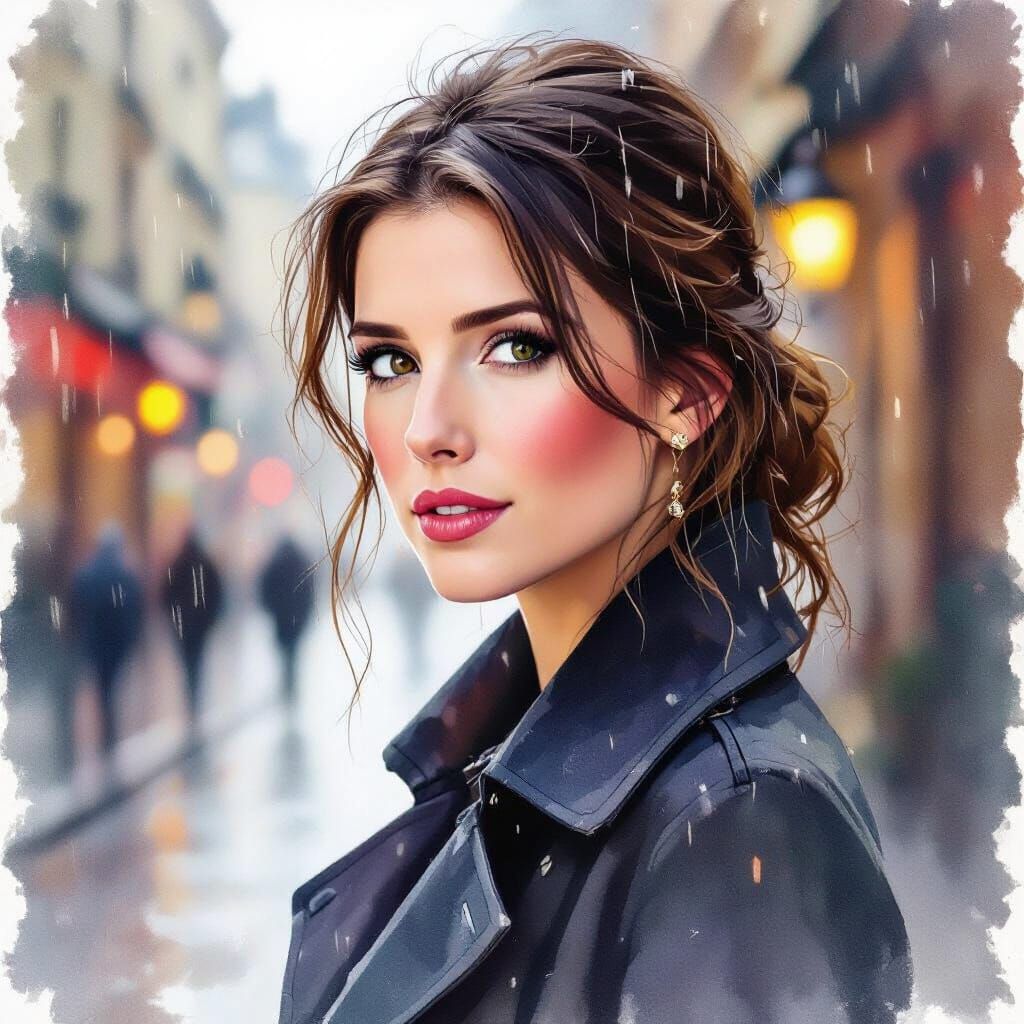 Anna Kendrick in Paris: Rainy Fall Watercolor Portrait