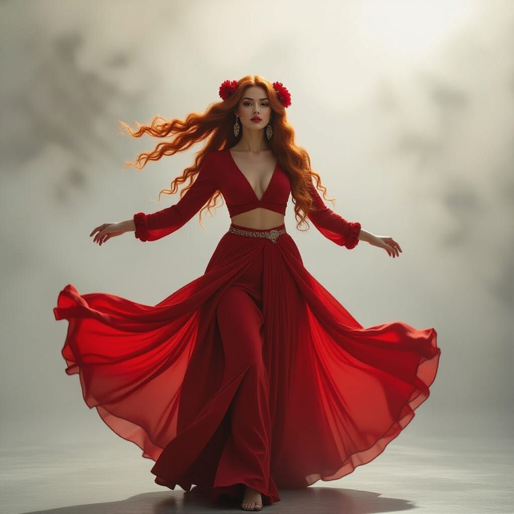 Expressive Red Haired Woman Dancing in Cloud