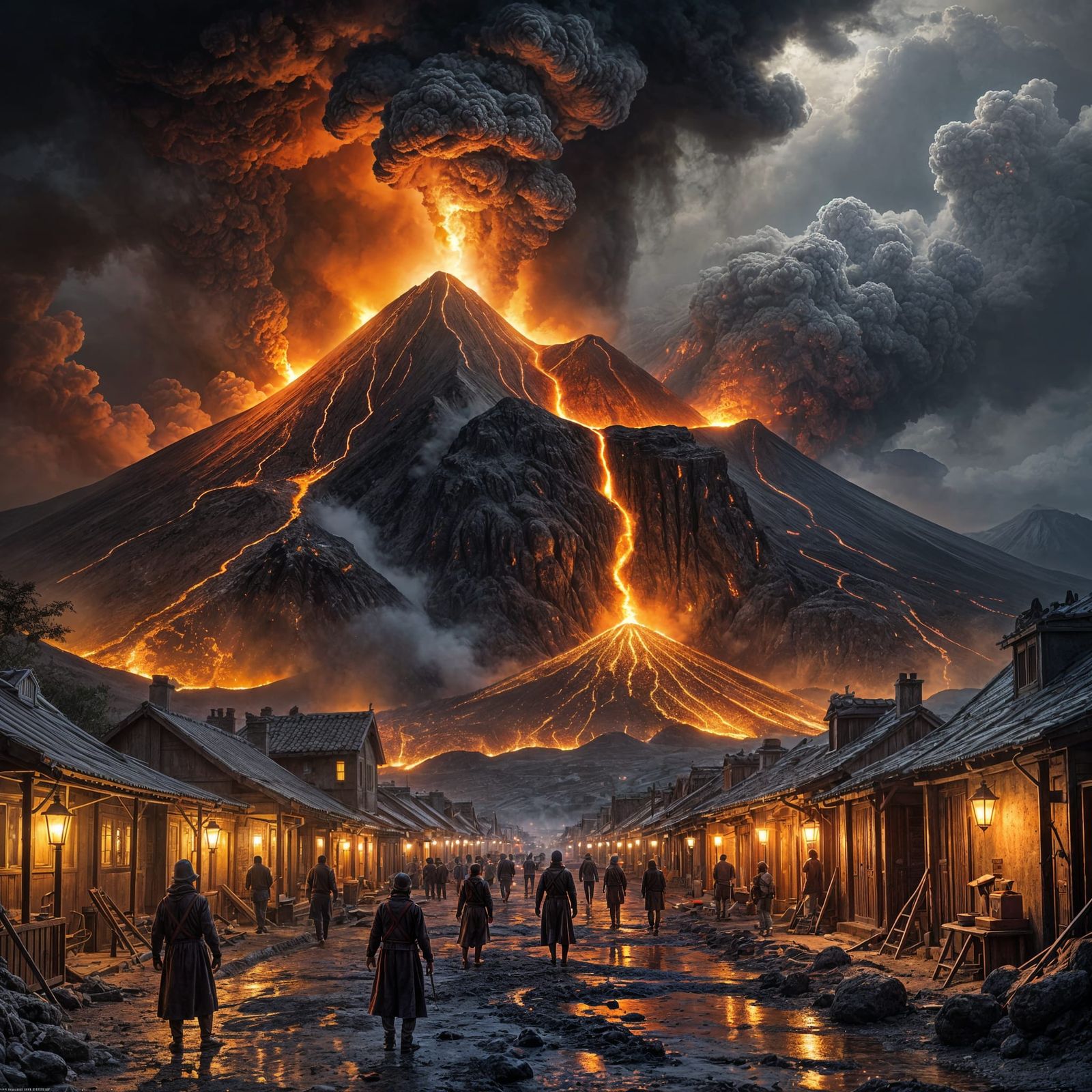 Volcano Erupts Over Village at Night, Glowing Lava Flow