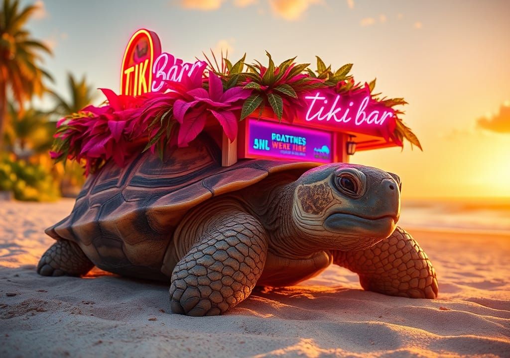 Tortoise Tiki Bar on Beach with Neon Signs