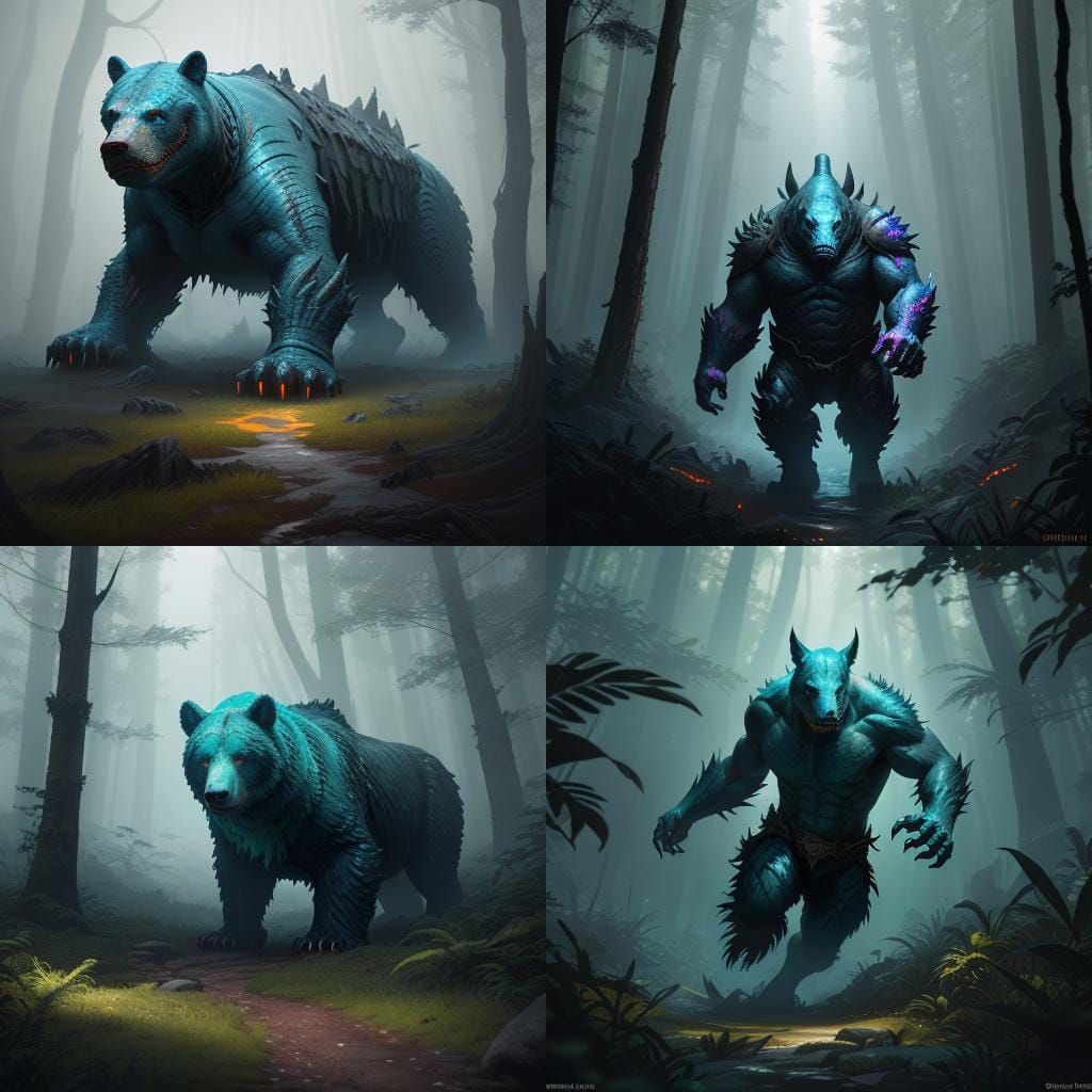 Half Shark Half Bear Running Through Forest