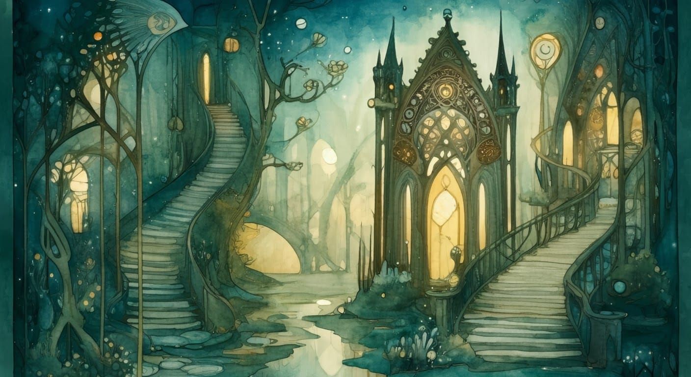 Mystical Places in Watercolour Art Nouveau Style