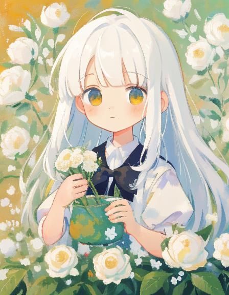 Cute Boy with Flowers in Expressionist Oil Painting