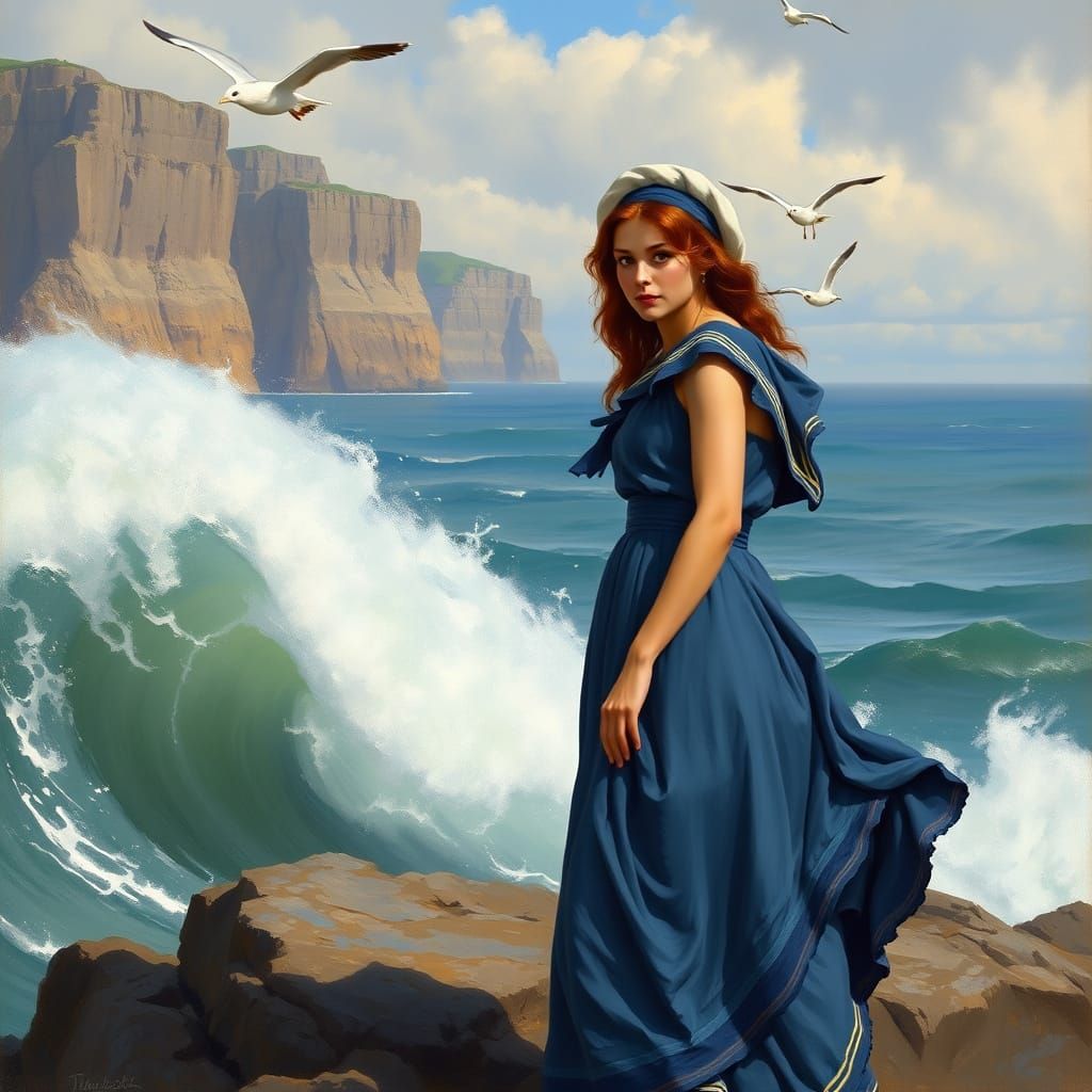 Serene Seascape with a Woman in Blue, Inspired by Ivan Aivaz...